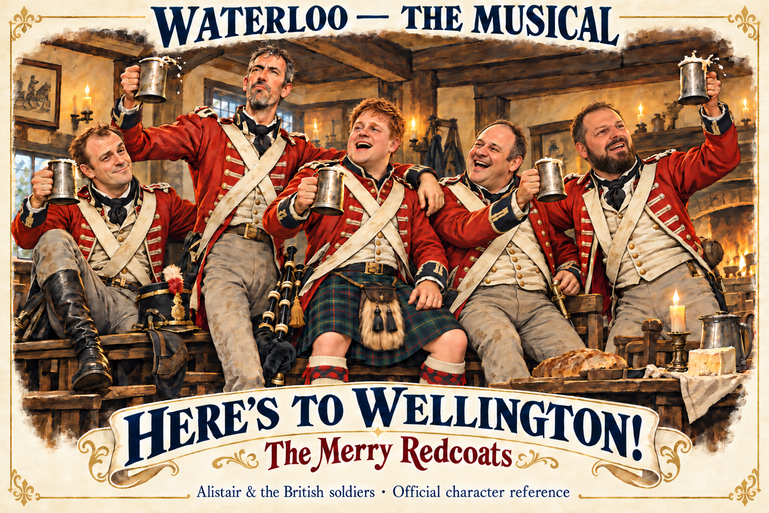 The Merry Redcoats together in an inn, with laughter, tankards and bagpipes