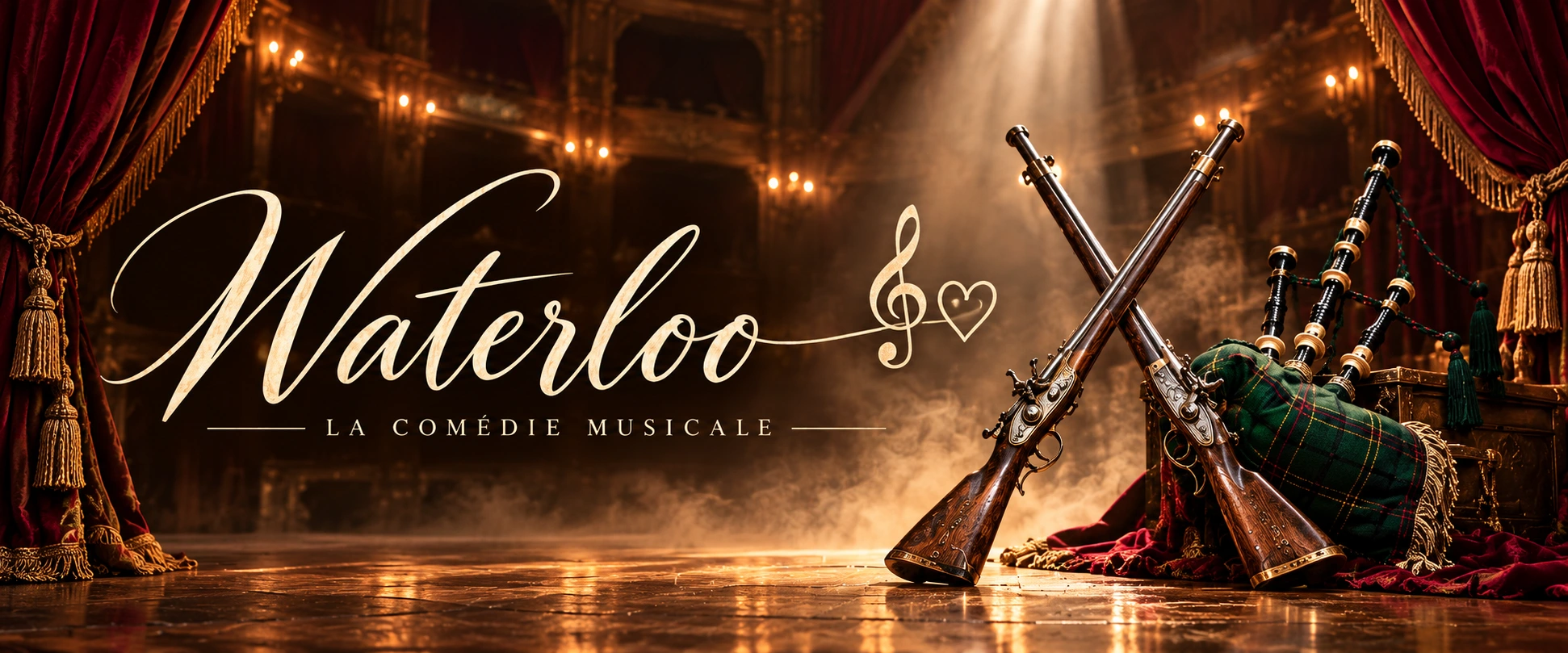 Waterloo — The Musical: a treble clef and heart in a historic theatre with burgundy curtains, bagpipes and crossed muskets