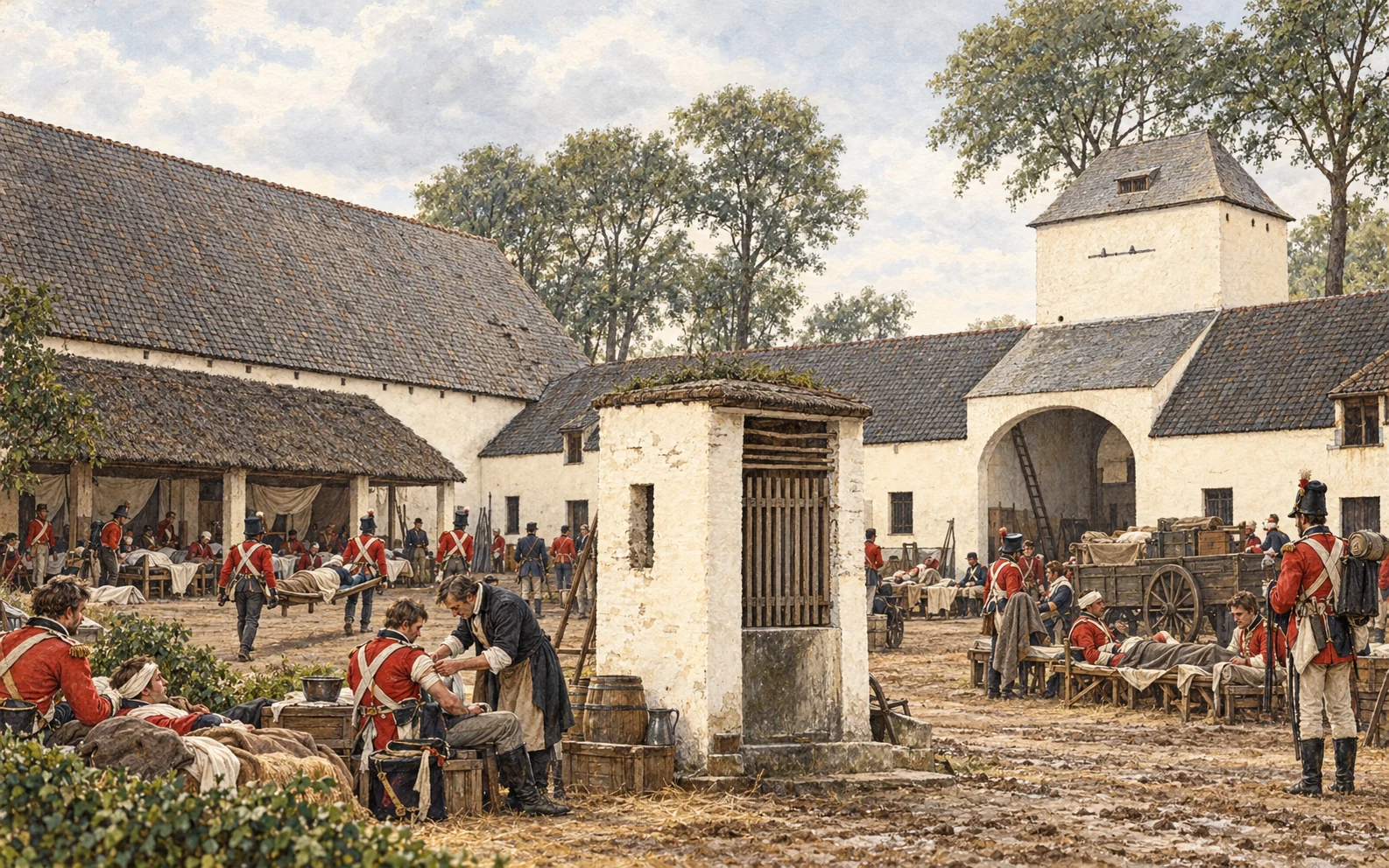Illustration de la cour de Mont-Saint-Jean transformée en hôpital de campagne, avec des soldats et des soignants